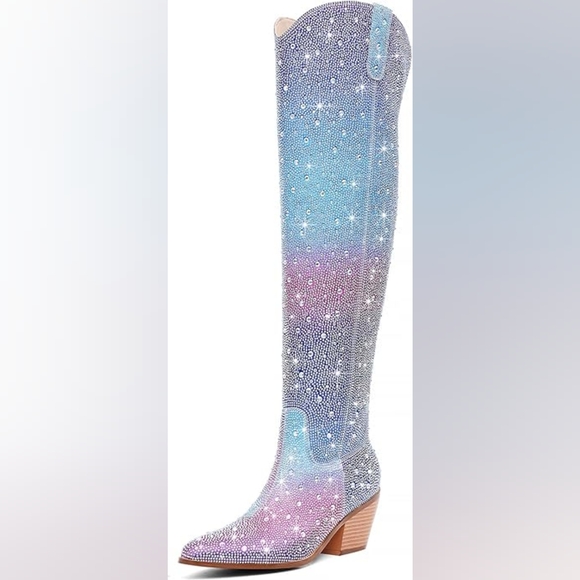 Pastel Rainbow Unicorn Rhinestone Crystal Over The Knee Boots - Picture 2 of 4